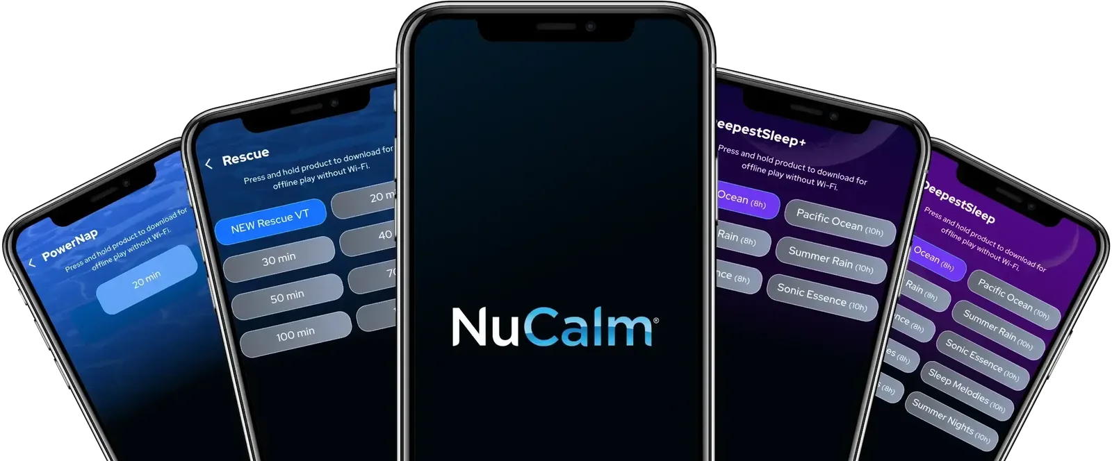 The NuCalm app shown on five phone screens displaying its sleep, energy and focus modes.